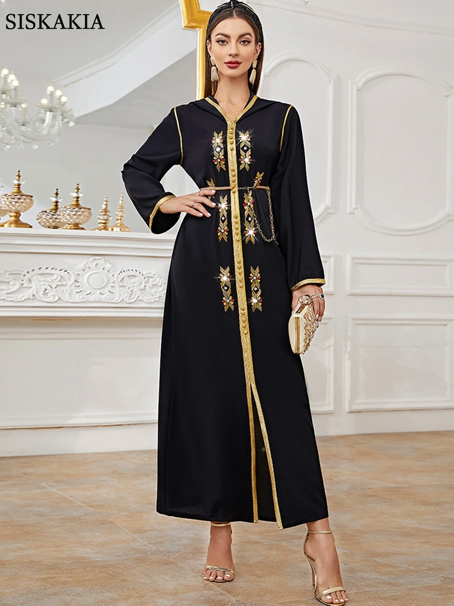 

Moroccan Caftan 2022 Hoodie Dress Rhinestone Embroidered Trim Slit Hem Belted Kaftan Abayas Free Shipping To Saudi Arabia