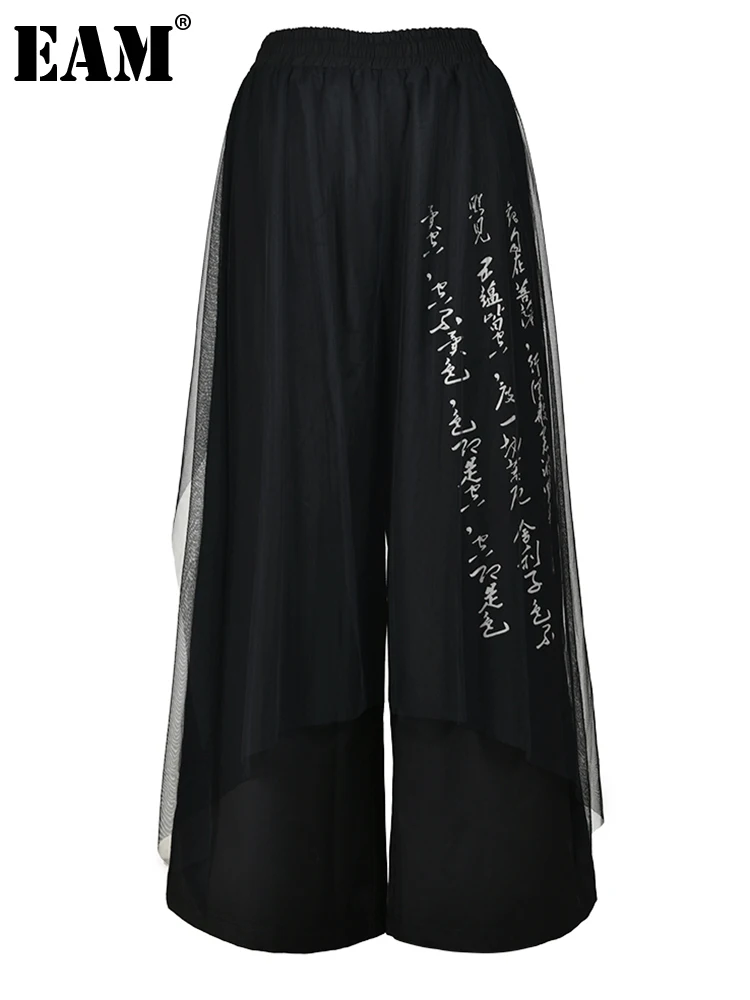 

[EAM] Черные длинные широкие брюки с высокой эластичной талией и принтом в сеточку, новые свободные брюки, женские модные демисезонные 2023 CPG0350