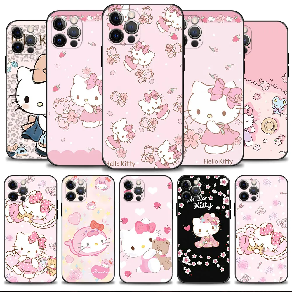 

Phone Case for iPhone 14 13 11 12 Pro Max 7 8 6 6S Plus XS XR X 13mini 12mini Silicone Cover Pink Style Flower Hello Kitty