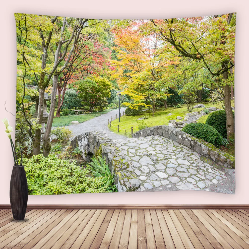 

Natural Park Tapestry Green Tree Stone Bridge Garden Scenery Wide Tapestries Art Wall Hanging Cloth for Bedroom Living Room Dorm