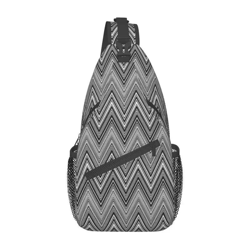 

Home Zig Zag Patterns Grey White Sling Chest Bag Boho Chic Zigzag Shoulder Crossbody Backpack for Men Cycling Camping Daypack