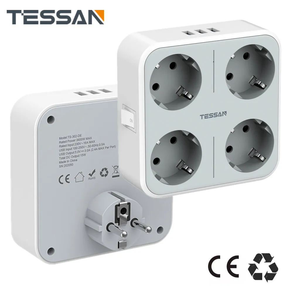 TESSAN European Plug Adapter Portable Compact Electric Extension USB Wall Socket with On/Off Switch 4 EU Outlets and 3 USB Ports
TESSAN European Plug Adapter Portable Compact Electric Extension USB Wall Socket with On/Off Switch 4 EU Outlets and 3 USB Ports