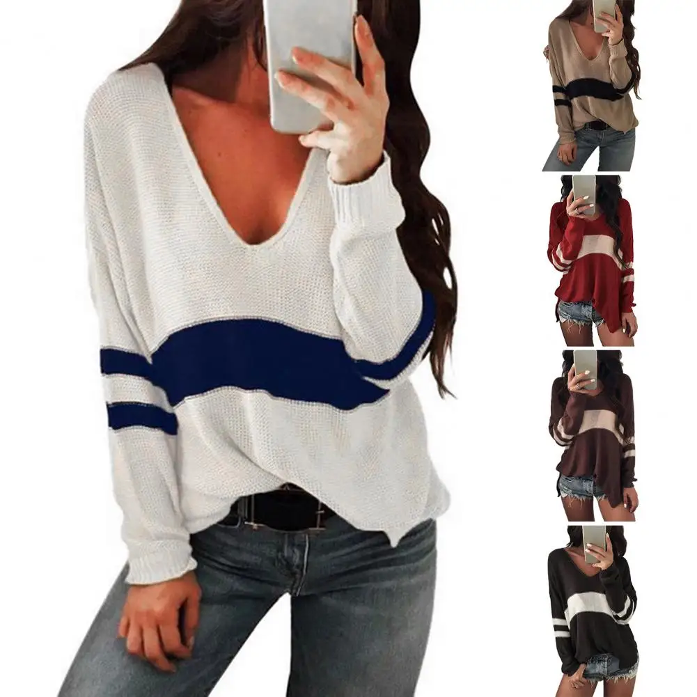 Women Knitted Loose Sweater Striped Patchwork Casual Loose V-neck Autumn Winter Pullovers Tops
Women Knitted Loose Sweater Striped Patchwork Casual Loose V-neck Autumn Winter Pullovers Tops