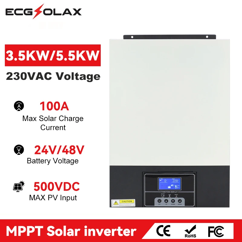 ECGSOLAX 3.5KW 5.5KW Hybrid Solar Inverter 24V 48V Built-in MPPT 100A Solar Controller Max PV 500VDC Pure Sine Wave Inverter
ECGSOLAX 3.5KW 5.5KW Hybrid Solar Inverter 24V 48V Built-in MPPT 100A Solar Controller Max PV 500VDC Pure Sine Wave Inverter