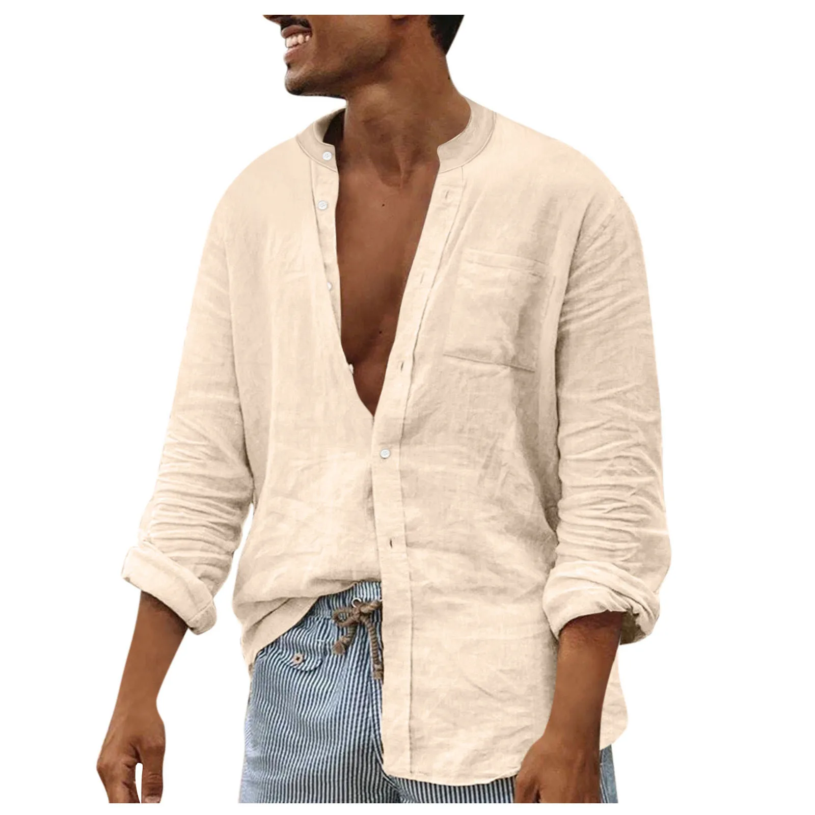 

Рубашка мужская с длинным рукавом, дизайнерская блуза из хлопка и льна, свободная сорочка, однотонная белая, весна-лето