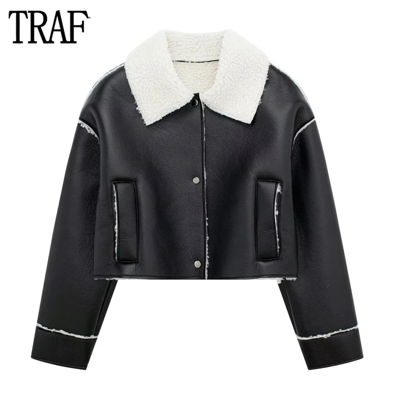 TRAF Faux Leather Cropped Jackets for Women Oversize Plush Jacket Woman Long Sleeve Snap Button Jacket Women Streetwear Coats
TRAF Faux Leather Cropped Jackets for Women Oversize Plush Jacket Woman Long Sleeve Snap Button Jacket Women Streetwear Coats