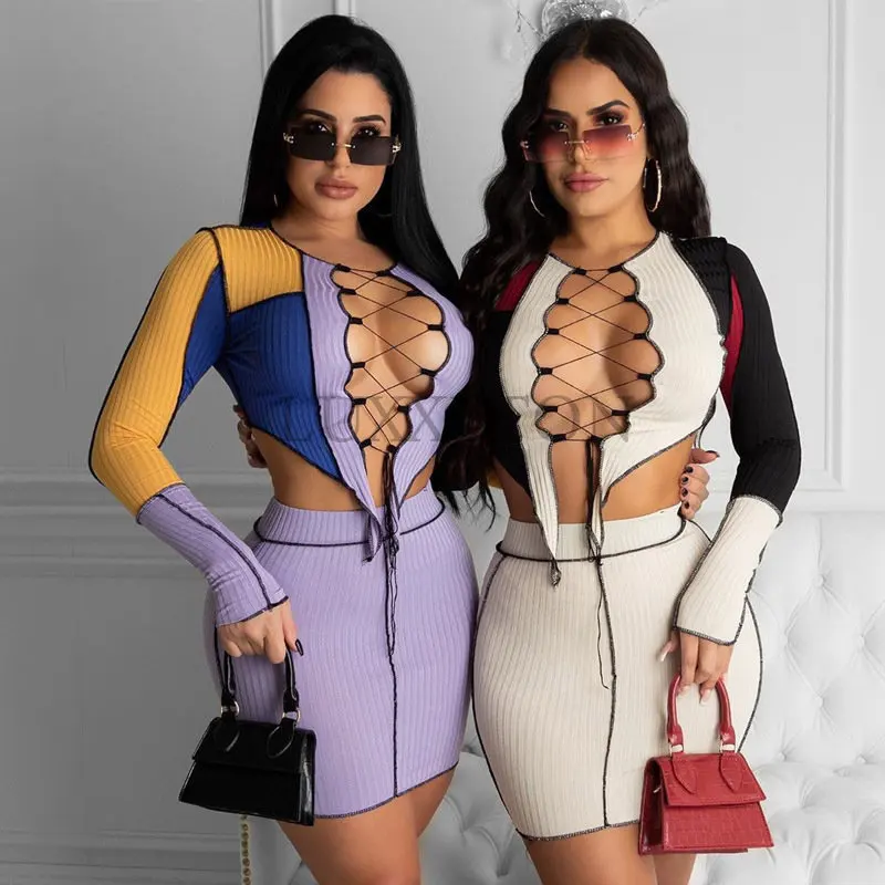 Knit Ribbed Patchwork Matching Sets Lace Up Long Sleeve Asymmetrical Top And Skirt Two Piece Outfits Skinny Partywear
Knit Ribbed Patchwork Matching Sets Lace Up Long Sleeve Asymmetrical Top And Skirt Two Piece Outfits Skinny Partywear