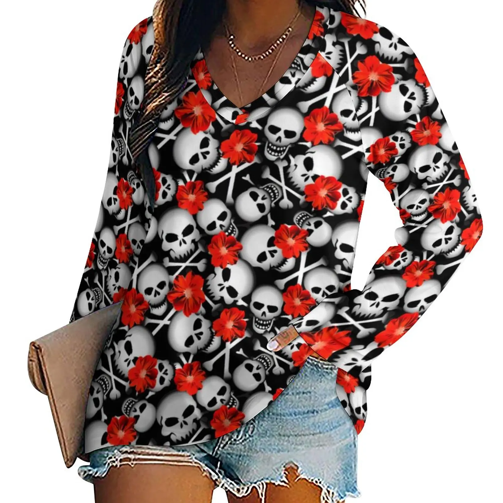 Sugar Skull T Shirt Red Flowers Print Aesthetic Long Sleeve T-Shirts Women V Neck Street Fashion Tshirt Oversized Graphic Tees
Sugar Skull T Shirt Red Flowers Print Aesthetic Long Sleeve T-Shirts Women V Neck Street Fashion Tshirt Oversized Graphic Tees