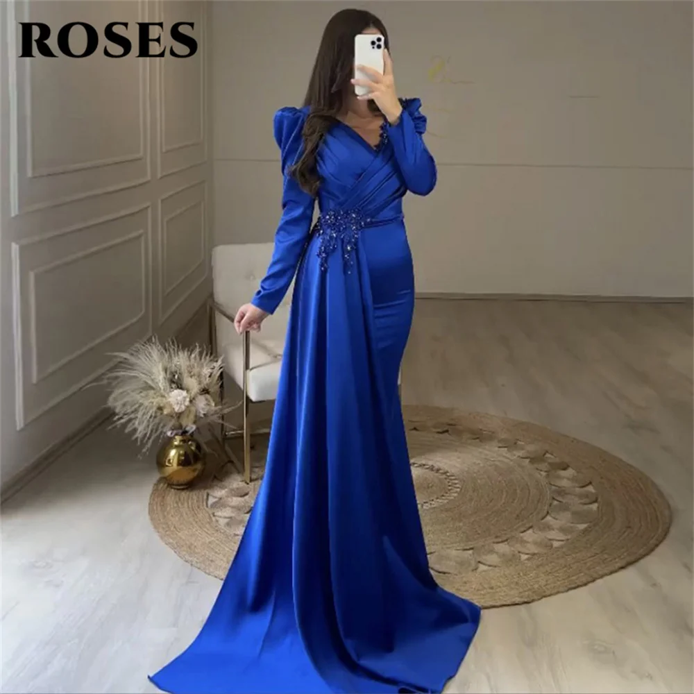 Blue Evening Dress For Wedding Party Satin V-Neck Appliques Beaded Elegant Mermaid Prom Gowns Long Sleeves vestidos de fiesta
Blue Evening Dress For Wedding Party Satin V-Neck Appliques Beaded Elegant Mermaid Prom Gowns Long Sleeves vestidos de fiesta