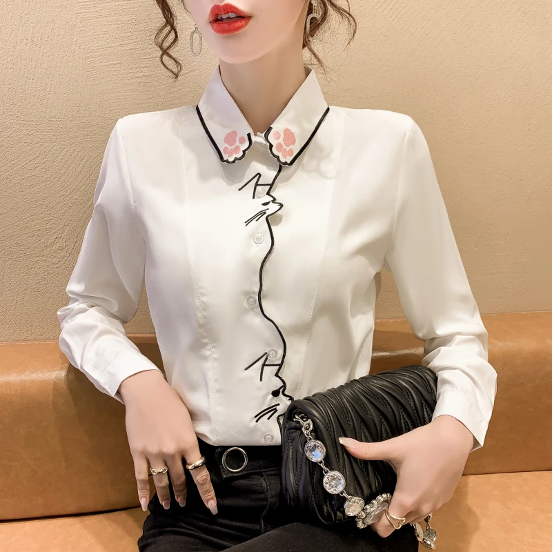 Fashion Cute Cat Cartoon Embroidery White Blouses Women Vintage Long Sleeve Button-up Female Shirts Blusas Chic Tops
Fashion Cute Cat Cartoon Embroidery White Blouses Women Vintage Long Sleeve Button-up Female Shirts Blusas Chic Tops