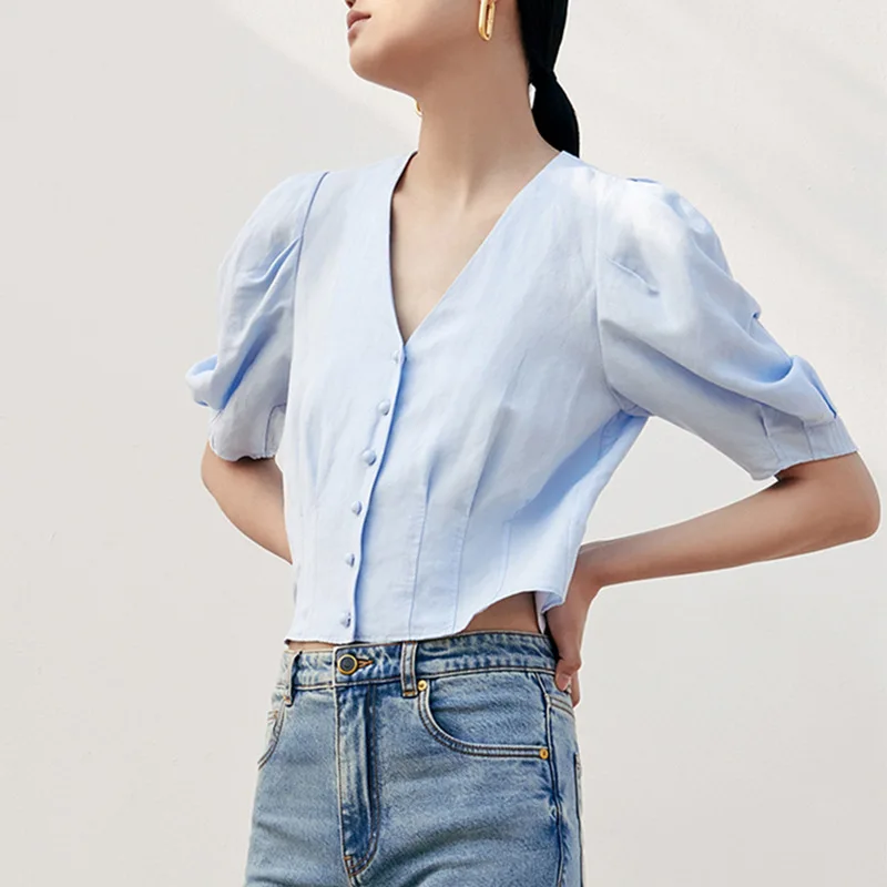 Linen Women's V-Neck Puff Sleeve Short Shirt Ladies 2022 Summer New Simple Solid Color Commuter Single Breasted Blouse Tops
Linen Women's V-Neck Puff Sleeve Short Shirt Ladies 2022 Summer New Simple Solid Color Commuter Single Breasted Blouse Tops