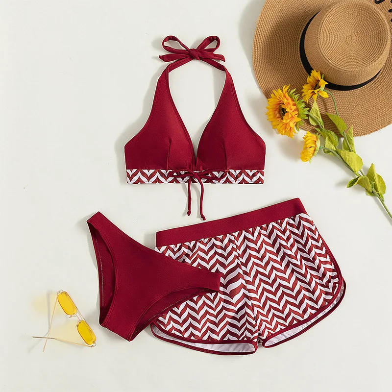 

Summer New Women Sexy Backless Swimwear Sexy Bathing Swimming Suit Bikini Sets 3Pcs Black Burgundy Stripes Beach Party Bikini