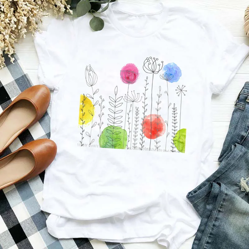 Women's T-shirt Jane Pen Color Flower Print Women's Top Casual Girl Short Sleeve White Top
Women's T-shirt Jane Pen Color Flower Print Women's Top Casual Girl Short Sleeve White Top