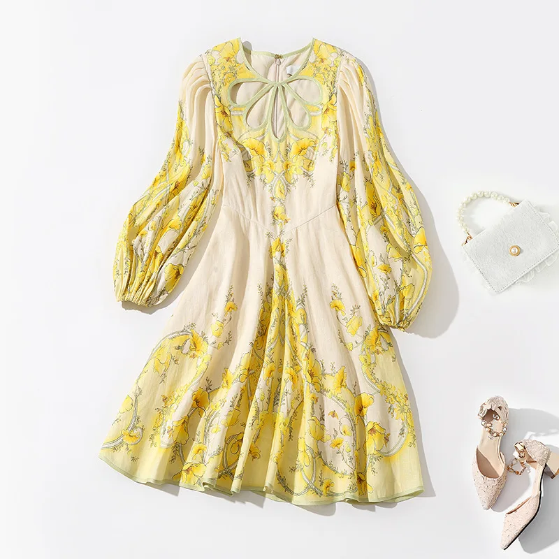 Mini Dress Women Autumn 2022 New Fashion Printed Round Neck Lantern Sleeves Slimming 100% Linen Yellow Dress Above The Knees 
Mini Dress Women Autumn 2022 New Fashion Printed Round Neck Lantern Sleeves Slimming 100% Linen Yellow Dress Above The Knees