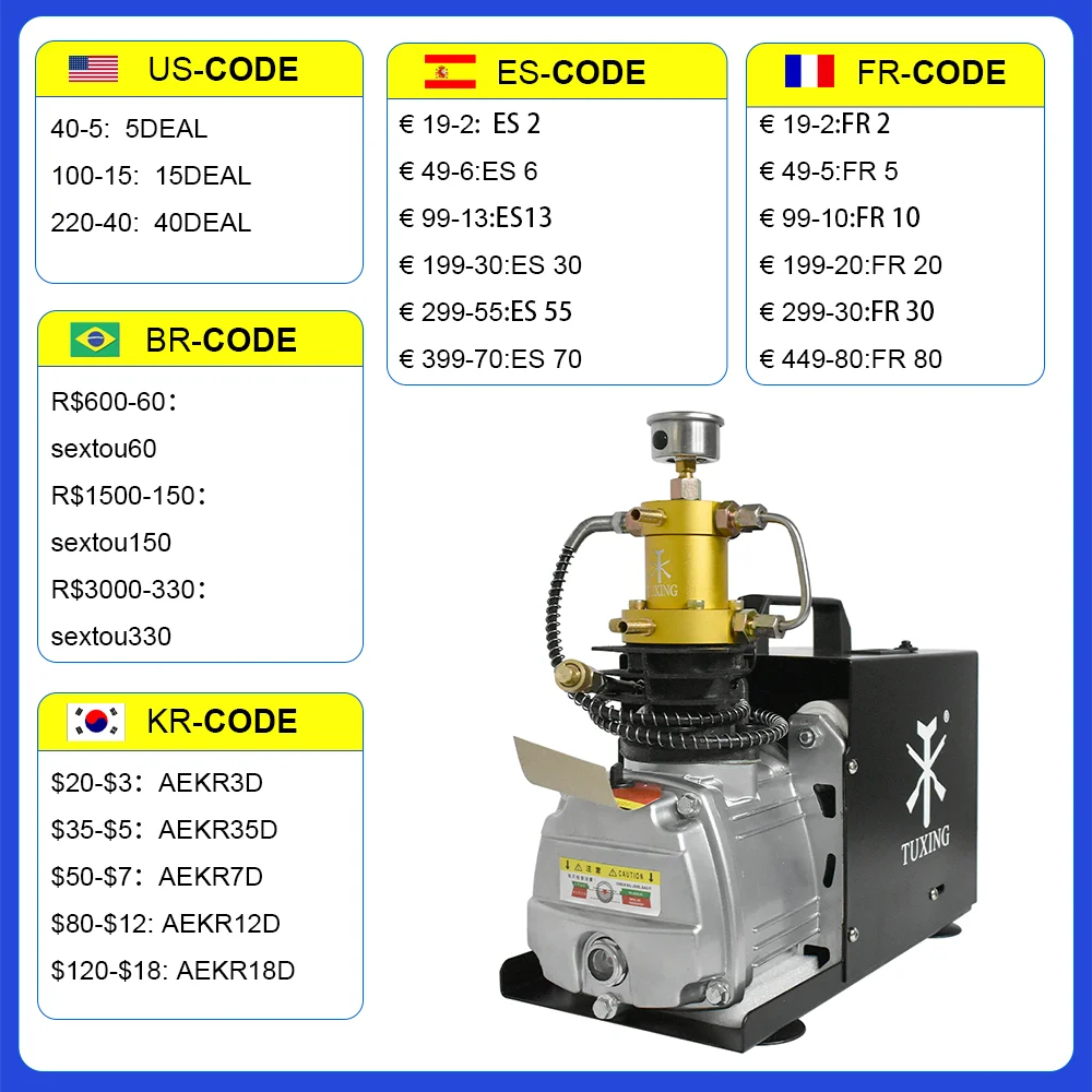 TUXING TXES031 4500Psi 300Bar 30MPpa PCP Air Compressor Electric High Pressure PCP Pump Rifle Airgun Scuba Inflator Tank 220V
TUXING TXES031 4500Psi 300Bar 30MPpa PCP Air Compressor Electric High Pressure PCP Pump Rifle Airgun Scuba Inflator Tank 220V