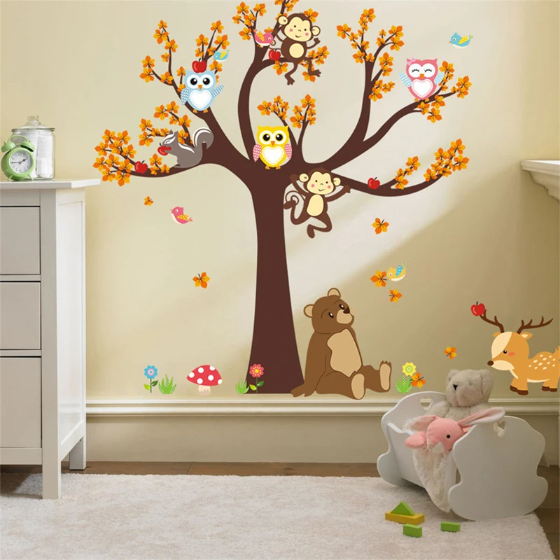 

Forest Tree Branch leaf Animal Cartoon Owl Monkey Bear Deer Wall Stickers For Kids Rooms Boys Girls Children Bedroom Home Decor
