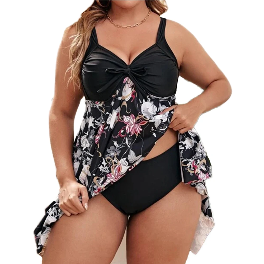 

FS Women Plus Size Bikinis Set Bow Swimwear Swimdress Swimsuits Floral Print Irregular Hem Large Size Bathing Suits Two Piece