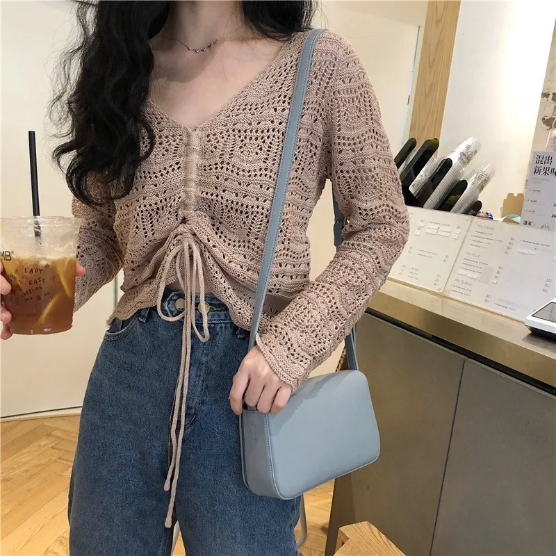 

Women's Sexy V Neck Crochet Khaki Sweater Pullovers All-Match Ruched Long Sleeve Solid Indie Asymmetric Crop Top Dropshipping