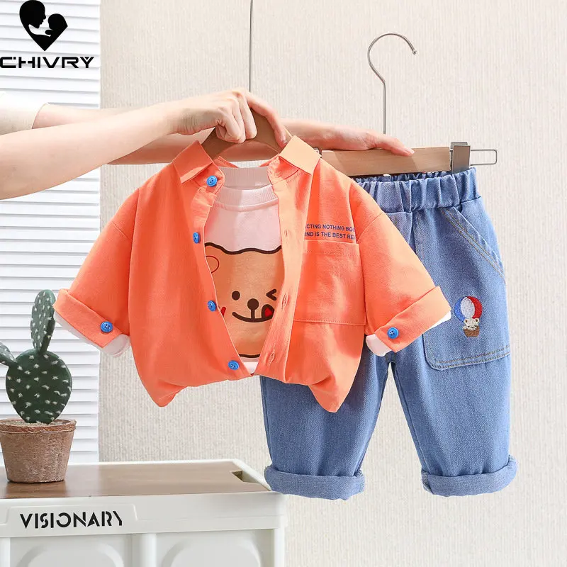 Комплект одежды из трех предметов для мальчиков, новинка 2023, Детская Весенняя Однотонная рубашка с лацканами, топ с мультяшным медведем и джинсовые брюки, повседневная одежда
Комплект одежды из трех предметов для мальчиков, новинка 2023, Детская Весенняя Однотонная рубашка с лацканами, топ с мультяшным медведем и джинсовые брюки, повседневная одежда