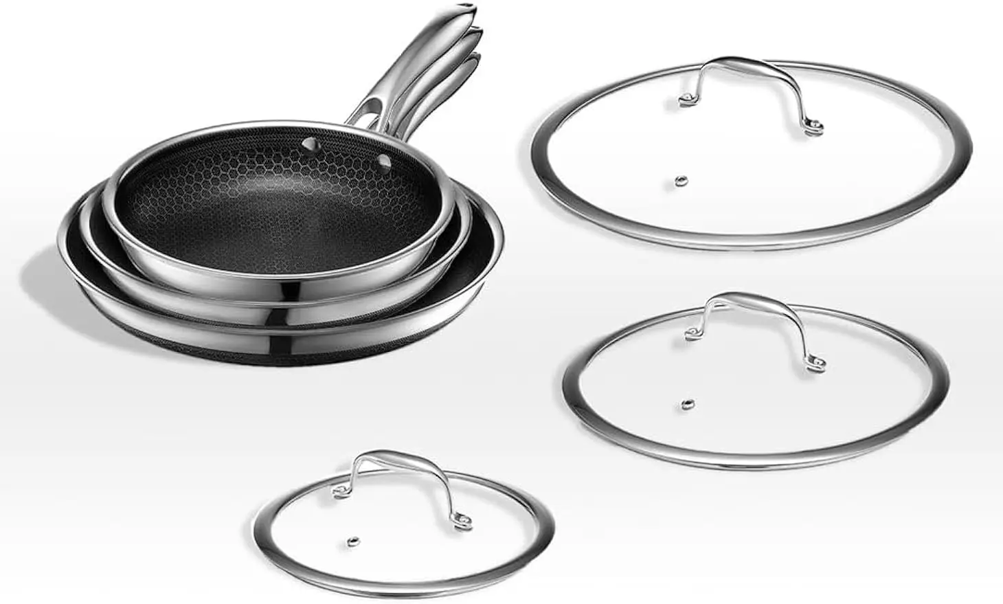 

HexClad Hybrid Nonstick Fry Pan Set, Frying Pans with Tempered Glass Lids, Stay-Cool Handles, Dis, 8 ", 10", 12 ", 6 Pcs