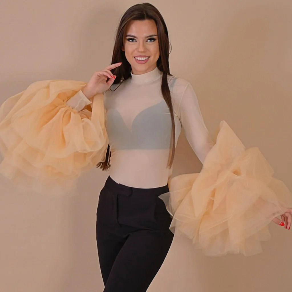 See Through Long Sleeve Woman Clothes Ruffles Champagne Fluffy Women Top Sexy T-shirt Ever Pretty Puffy Blouses Custom Made
See Through Long Sleeve Woman Clothes Ruffles Champagne Fluffy Women Top Sexy T-shirt Ever Pretty Puffy Blouses Custom Made
