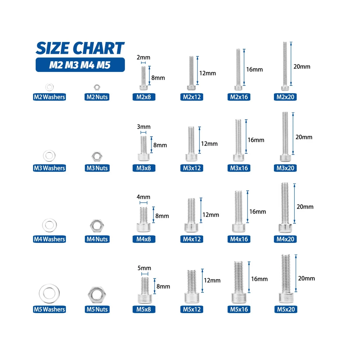 1124PCS M2 M3 M4 M5 12.9 Grade Steel Hexagon Socket Head Cap Screws Washers Nuts and Bolts Assortment Kit with Hex Key,1
1124PCS M2 M3 M4 M5 12.9 Grade Steel Hexagon Socket Head Cap Screws Washers Nuts and Bolts Assortment Kit with Hex Key,1