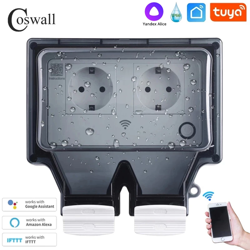 

Coswall Tuya Wifi Voice Control IP66 Waterproof Single Double EU Socket Timer Switch Programmable Work With Alexa Google Home