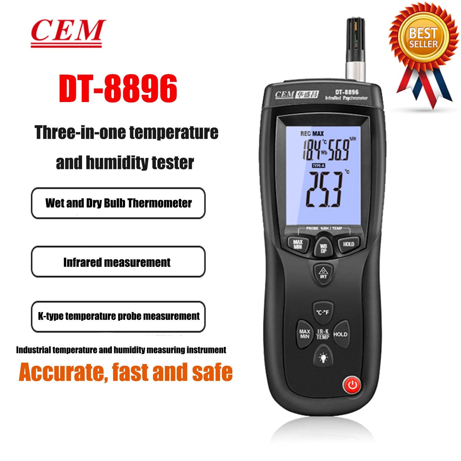 

CEM DT-8896 Three in one Thermometer&Hygrometer Industrial High-Precision Thermometer and Hygrometer External K-type Dew Point