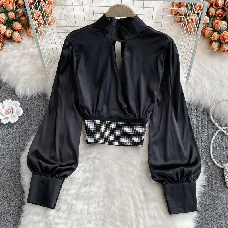 Autumn new style puff sleeve satin women's western style long sleeve t shirt Black
Autumn new style puff sleeve satin women's western style long sleeve t shirt Black