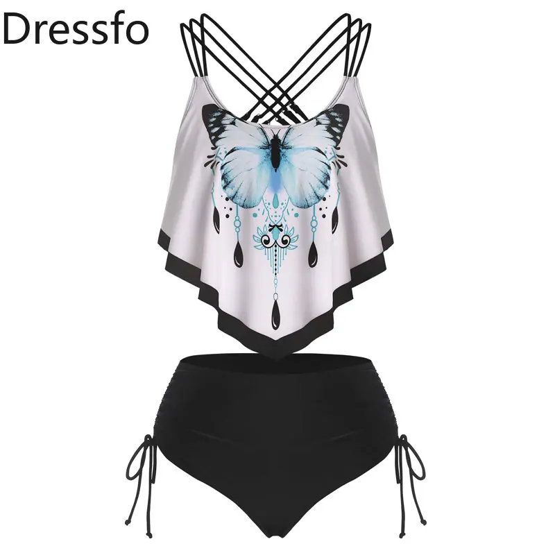 

Dressfo Gothic Butterfly Print Tankini Set Crisscross Cinched Flounce Swimwear Women Padded Top Back Full Coverage Bathing Suit
