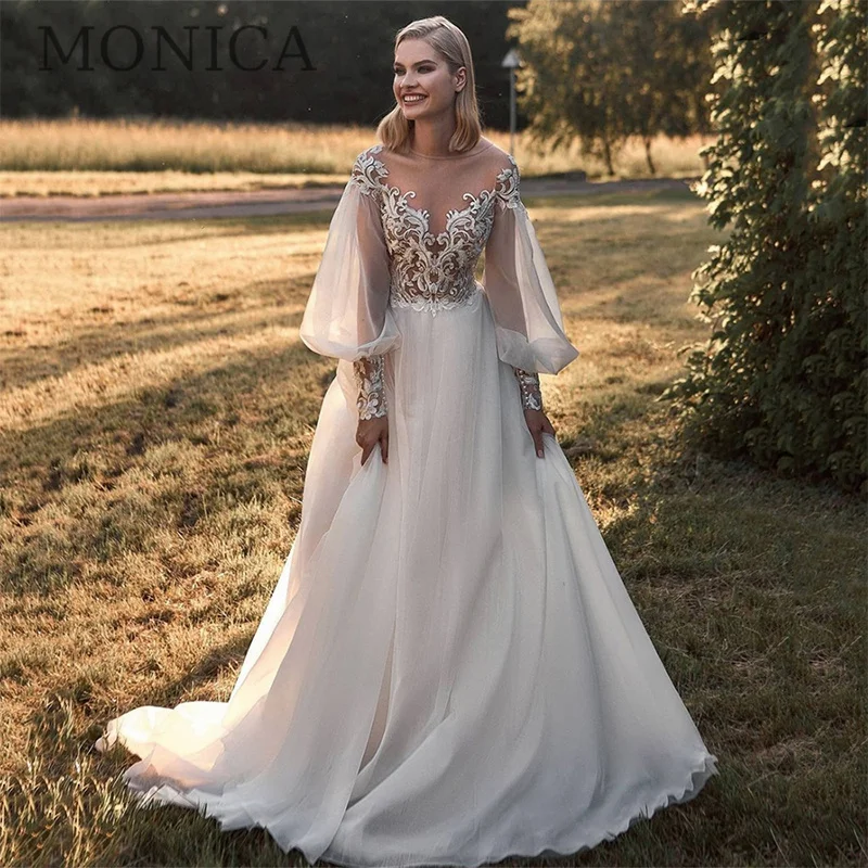 Luxury Wedding Dress For Women O-neck Full Lantern Sleeve Button Appliques Bridal Dress A-LINE Floor-Length Court Robe De Mariee
Luxury Wedding Dress For Women O-neck Full Lantern Sleeve Button Appliques Bridal Dress A-LINE Floor-Length Court Robe De Mariee