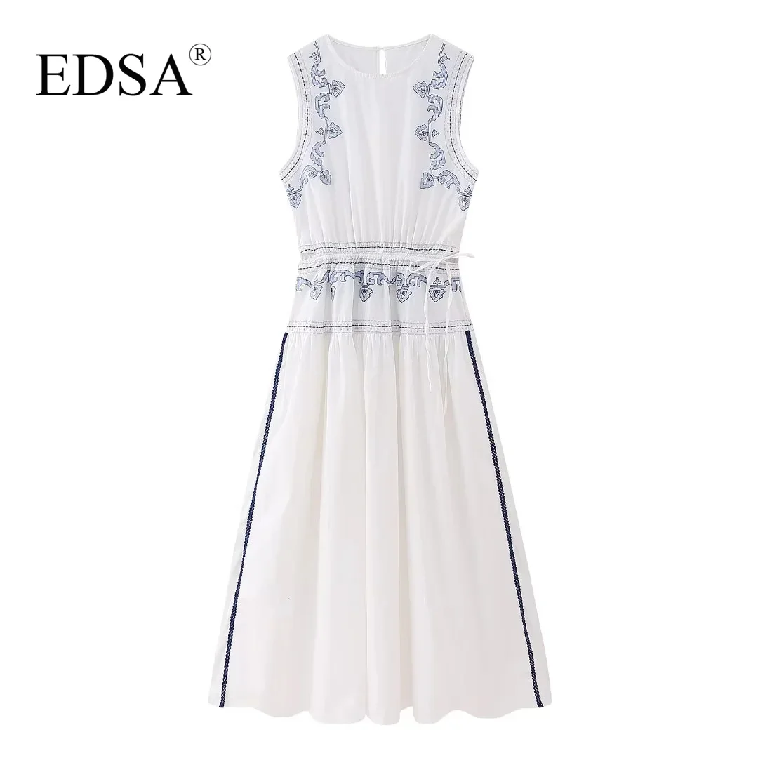 

EDSA Women Fashion Embroidered Midi Dress 2023 Summer Sleeveless Round Neck Adjustable Tie Waist Buttoned Opening at Back