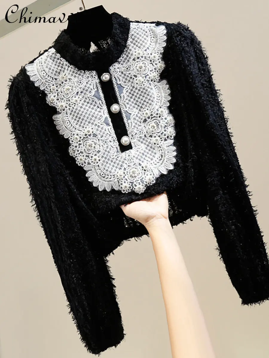 Heavy Beads Diamond Fashion Color Contrast Lace Patchwork Shirt Stand Collar Pullover Slim Short Hollow Tassel Elegant Blouse
Heavy Beads Diamond Fashion Color Contrast Lace Patchwork Shirt Stand Collar Pullover Slim Short Hollow Tassel Elegant Blouse