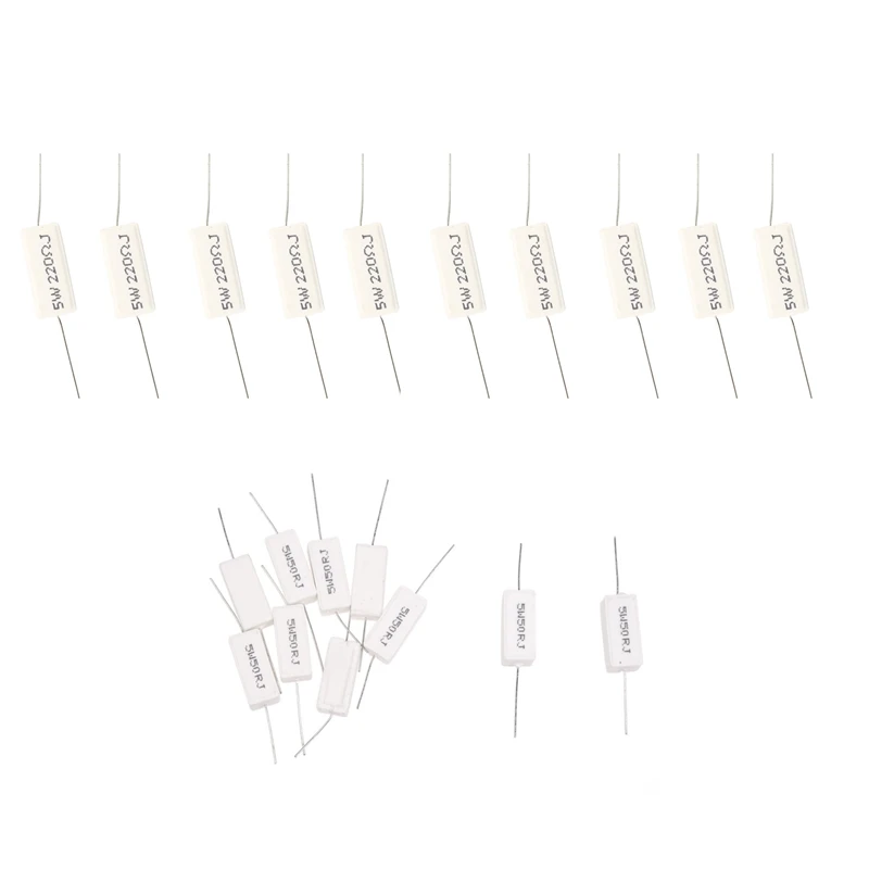 20 Pcs Cement Resistors:10 Pcs Axial Wirewound 5W Watt 50 Ohm 5% & 10 Pcs Axial Lead Ceramic 220 Ohm 5W
20 Pcs Cement Resistors:10 Pcs Axial Wirewound 5W Watt 50 Ohm 5% & 10 Pcs Axial Lead Ceramic 220 Ohm 5W