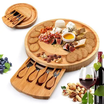 1set Bamboo Cheese Board Set With Cheese Knife Portable Outdoor Dinner Plates Hotel Restaurant Decoration Accessories Bread Tray