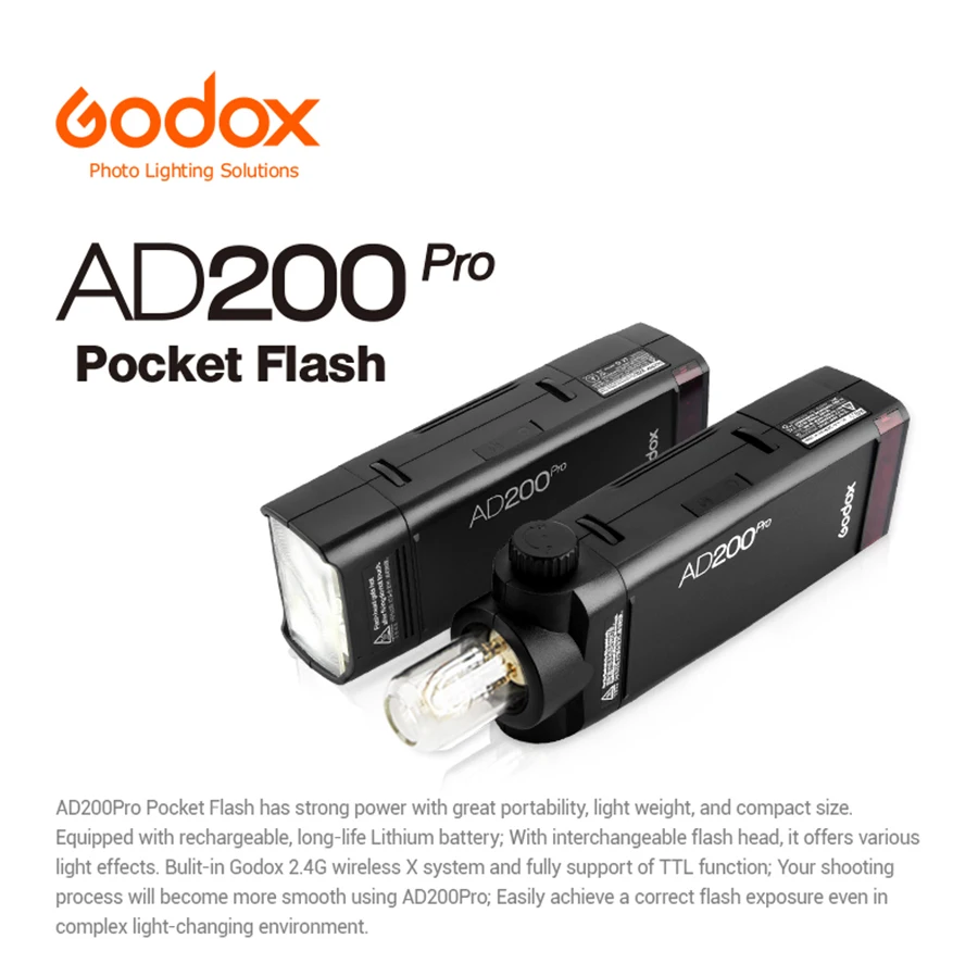 

Godox AD200Pro Outdoor Flash Light 200Ws TTL 2.4G 1/8000 HSS 0.01-1.8s Recycling With 2900mAh Battery