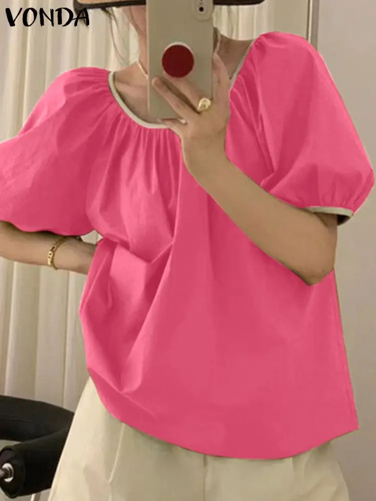 Женские Элегантные рубашки VONDA 2023, сексуальные топы с глубоким V-образным вырезом, открытой спиной и бантом, блузка с коротким рукавом, богем...