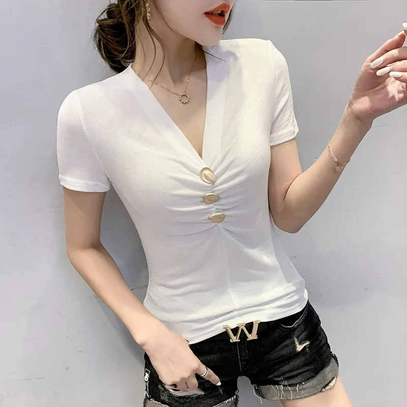 #7446 Basic T Shirt Women V-neck Buttons Sexy Short Sleeve T Shirt Summer Women's T-shirt Cotton Womens Tshirt Black White Red
#7446 Basic T Shirt Women V-neck Buttons Sexy Short Sleeve T Shirt Summer Women's T-shirt Cotton Womens Tshirt Black White Red
