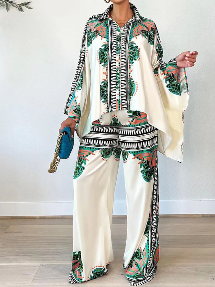Summer Elegant Two Piece Set Fashion Printed Laple Bat Sleeve Buttoned Shirt + Loose Long Straight Pants Suits Women Office Set
Summer Elegant Two Piece Set Fashion Printed Laple Bat Sleeve Buttoned Shirt + Loose Long Straight Pants Suits Women Office Set