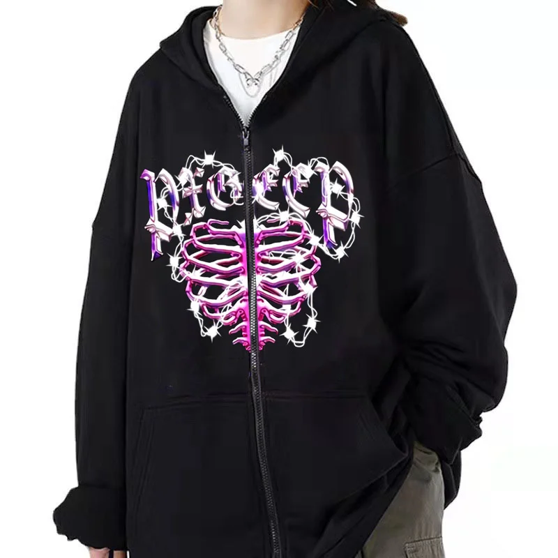 Retro Goth New Designed Fashion Women Hoodie Hooded Collar Long Sleeve Loose Zipper Printing Patchwork Gothic Style Lady Hoodie
Retro Goth New Designed Fashion Women Hoodie Hooded Collar Long Sleeve Loose Zipper Printing Patchwork Gothic Style Lady Hoodie