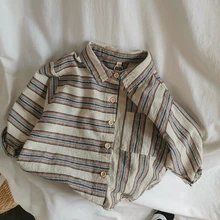 Childrens Retro Striped Irregular Cotton Linen Shirt Autumn New Korean Literary Baby Boys Buttons Long-Sleeved Shirts WT055