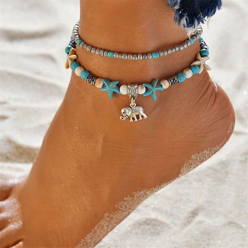 

Vintage Elephant Starfish Conch Shell Beads Anklets For Women Bohemia Multilayer Anklet Leg Bracelet Handmade Foot Chain Jewelry