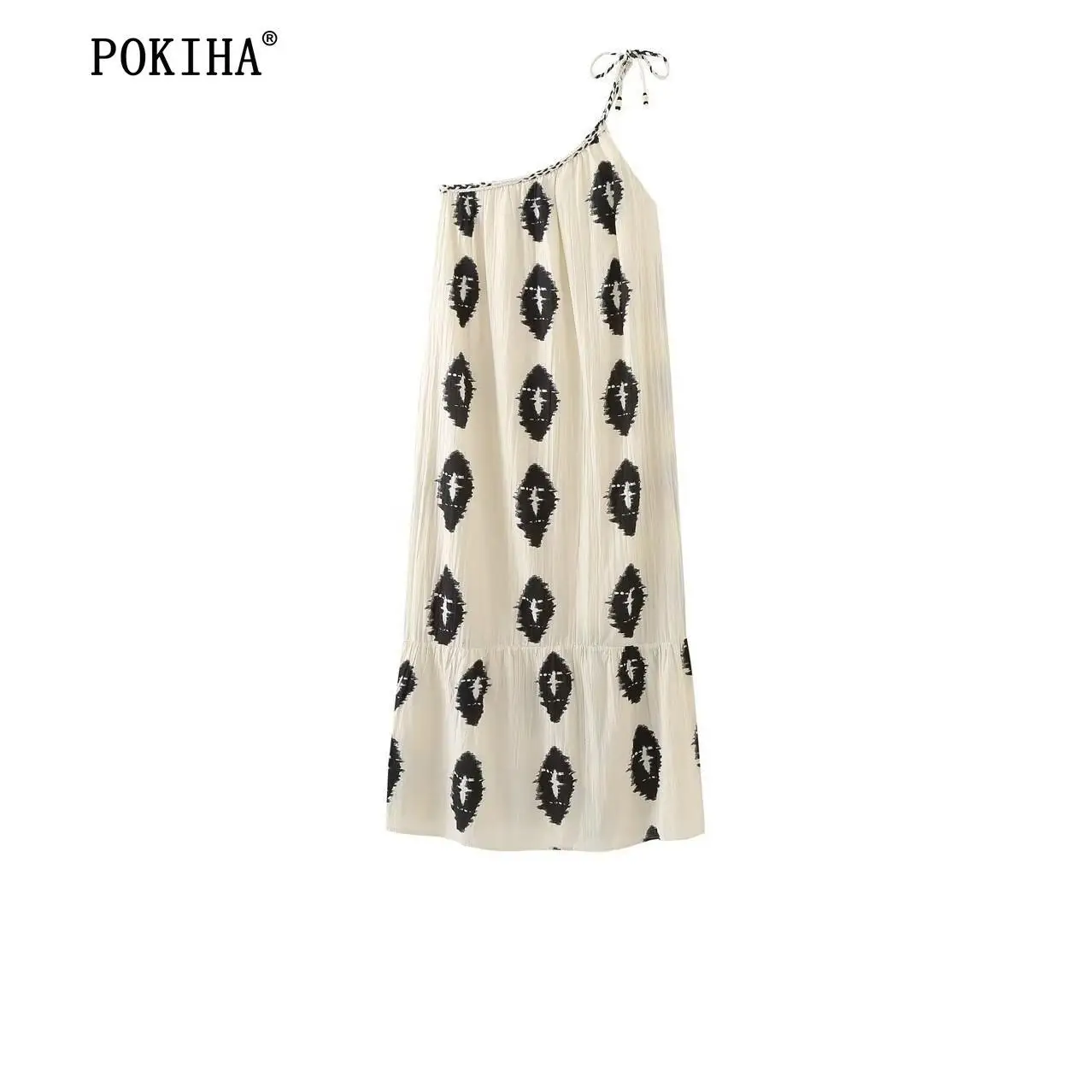 

Pokiha женское новое летнее шикарное асимметричное платье средней длины с принтом на одно плечо с галстуком-бабочкой дизайнерское свободное модное женское платье без рукавов