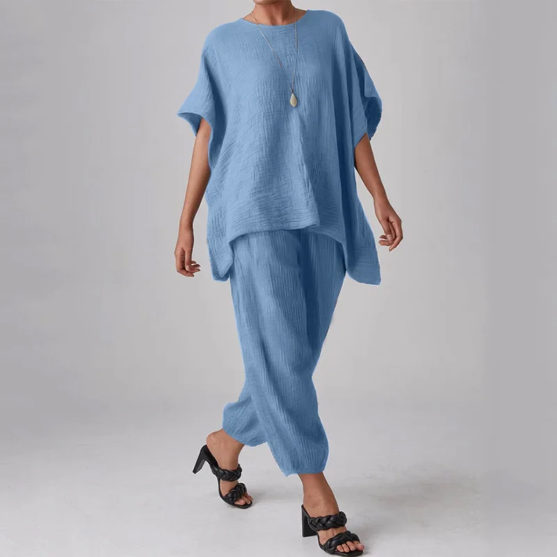 Summer Streetwear Loose Outfits Retro Cotton Linen Women Two Piece Sets Casual O-neck Short Sleeved Pullover + Long Pants Suits
Summer Streetwear Loose Outfits Retro Cotton Linen Women Two Piece Sets Casual O-neck Short Sleeved Pullover + Long Pants Suits