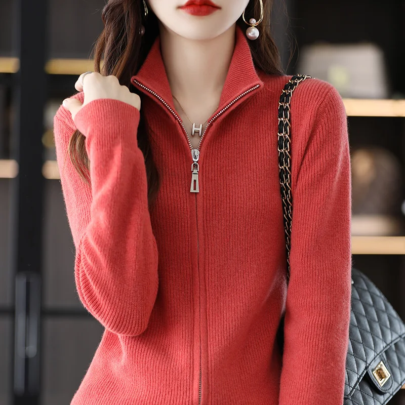 

Autumn And Winter2022 Women's New100% Wool Solid Collar Double Zipper Knitted Cardigan Fashion Simple and Fine Warm Commuter Top