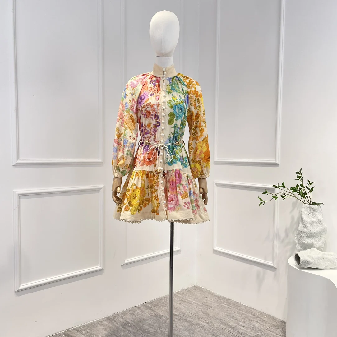 Ramie New 2023 High Quality Spring Summer Vintage Floral Printing Button Belt Full Sleeve Woman Mini Dress
Ramie New 2023 High Quality Spring Summer Vintage Floral Printing Button Belt Full Sleeve Woman Mini Dress