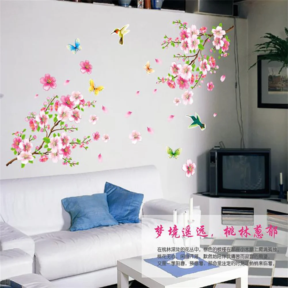 

3d Pink Removable Peach Plum Cherry Blossom Flower Butterfly Vinyl Art Decal wall Home Sticker Room Decor