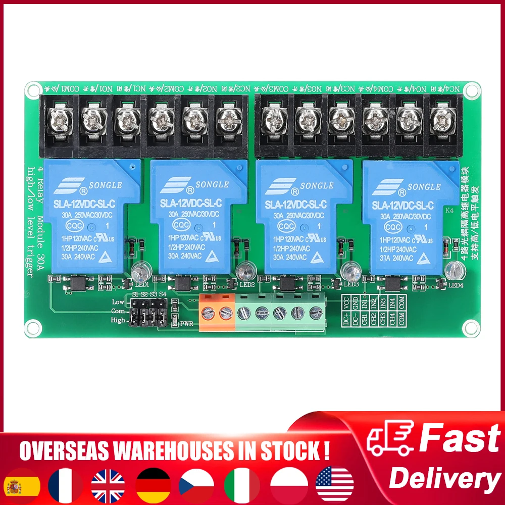 4 Channel Relay Module 30A Load Current with Optocoupler Isolation Supports High and Low Triger 5V 12V 24V Optional Relay Module
4 Channel Relay Module 30A Load Current with Optocoupler Isolation Supports High and Low Triger 5V 12V 24V Optional Relay Module
