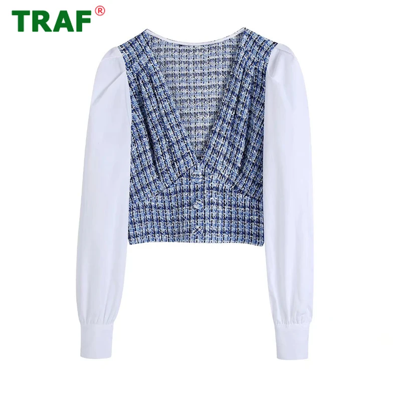 

TRAF 2022 Contrast Crop Top Female Textured Blouses Women White Long Sleeve Patchwork Top Summer Fashion Streetwear Shirts Woman