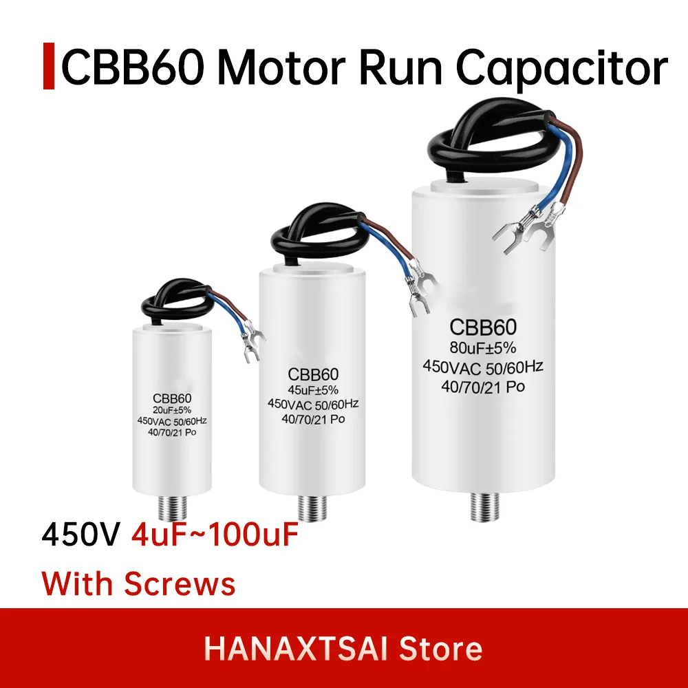 

1Pcs CBB60 Motor Run Capacitor 450V 4UF 5UF 6UF 8UF 10UF 12UF 14UF 16UF 20UF 100UF Start Water Pump Washer Air Pump with Screws